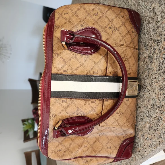 L.A.M.B. Tan and Burgundy Tote Bag - Picture 1 of 9